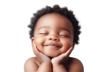 Portrait of a black baby boy with hands on chin. Eyes closed, cute. Isolated on transparent background.
