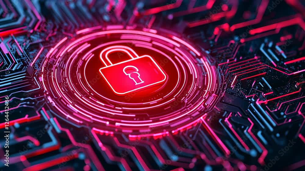 Poster glowing pink padlock cybersecurity amid digital circuitry representing network security and data pri