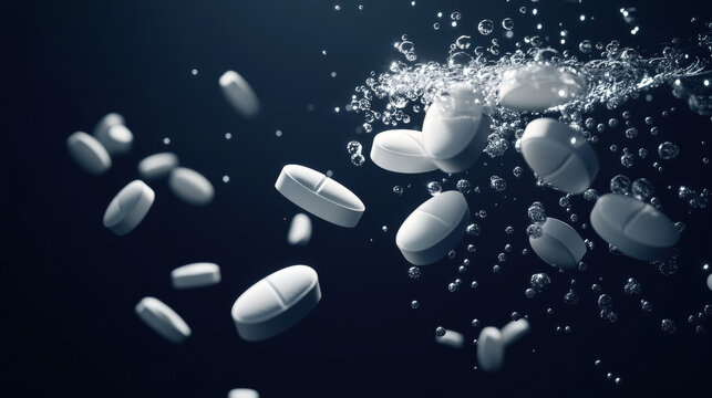 Soluble pills with fizz air bubbles trail in water. Effervescent falling aspirin tablets, vitamin C, headache pharmaceutical remedy drugs isolated on black background. Realistic 3d vector illustration