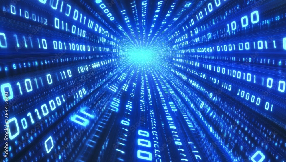 Wall mural abstract blue binary code tunnel.