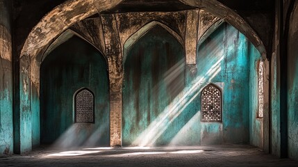 Fototapeta premium Sunbeams illuminate aged turquoise mosque interior