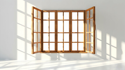 A bright, airy room featuring an open wooden window casting shadows on a white wall, creating a serene atmosphere