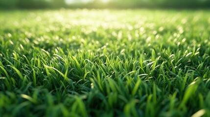 Fototapeta premium Close-up of vibrant green grass blades, sunlit. Perfect for nature, spring, or environmental themes, evokes freshness and growth.