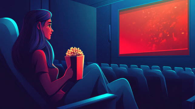 Cinema festival, movie night cartoon flyers set. Young woman with pop corn bucket sitting in dark theater hall front of screen watching interesting film. premiere promo posters Vector illustration,