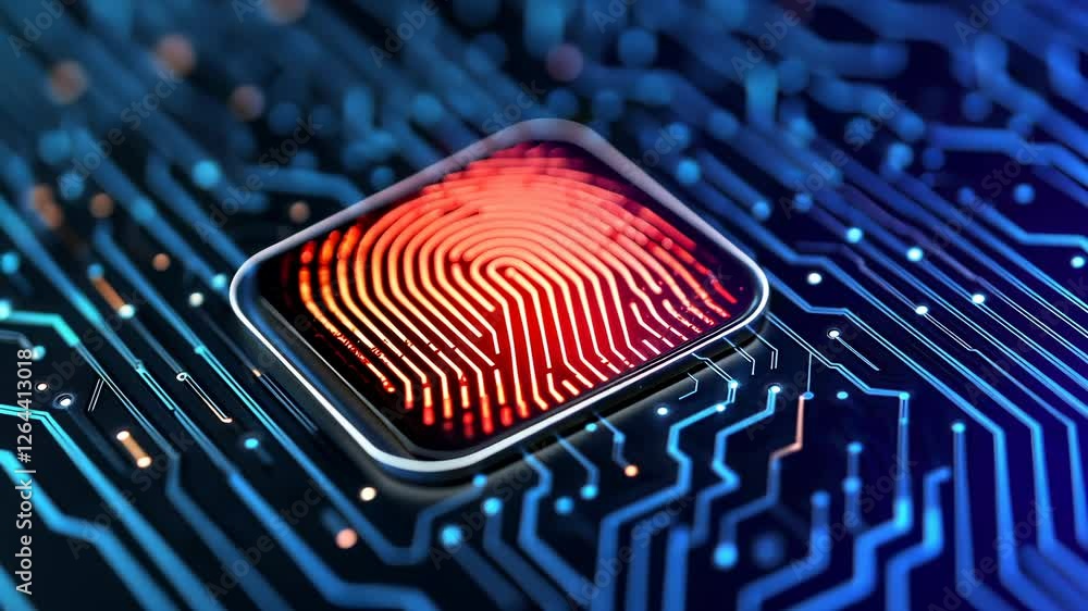 Poster glowing digital fingerprint on a sleek interface, symbolizing advanced biometric security and futuri