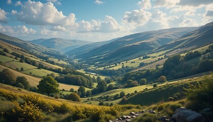 Fototapeta premium Stunning Panoramic View of Rolling Green Hills and Valley Under a Cloudy Sky