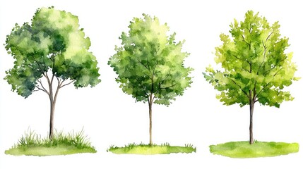 Obraz premium Three watercolor trees, green leaves, park setting, nature design