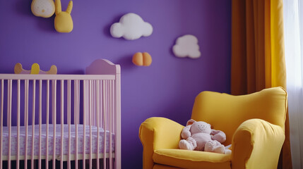 Nursery baby room interior with child bed and toy furniture. Childish bedroom for sleep cartoon background. House indoor illustration with purple wall and newborn crib. Yellow armchair near cradle