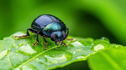 Naklejka premium Iridescent Beetle on a Vibrant Green Leaf with Water Droplets in a Macro View