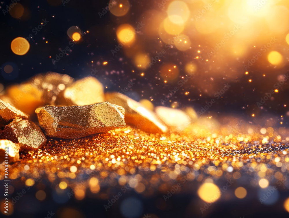 Aufkleber glimmering gold nuggets on a sparkling background with beautiful bokeh effect