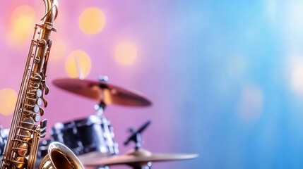 Obraz premium Saxophone and drums on stage, blurred lights