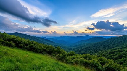 Fototapeta premium Lush Green Mountain Valley with Forested Hillsides under Cloudy Blue Sky