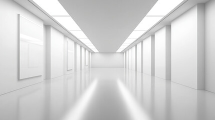 Obraz premium Art gallery empty 3d room with white walls, floor and illumination lamps. Museum interior passages with lights for pictures presentation, photography contest exhibition hall, Realistic vector mock up