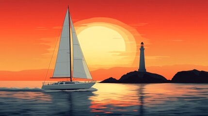 Fototapeta premium Sunset Sailboat Lighthouse Seascape Coastal Ocean Summer Yacht