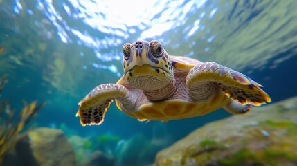 Obraz premium Majestic Sea Turtle Swimming Gracefully Under Clear Blue Ocean Water Reflecting Light