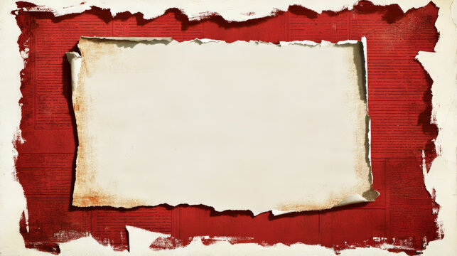 Red note paper with rip edge. Torn newspaper page frame. Old strip card for scrapbook craft. White cutout piece with grunge border design. Blank realistic art template for message on notepaper