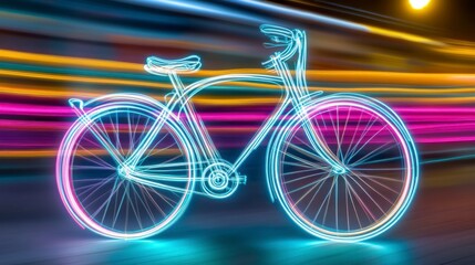 Fototapeta premium Neon Bicycle Light Painting with Vibrant Trails on Asphalt at Night