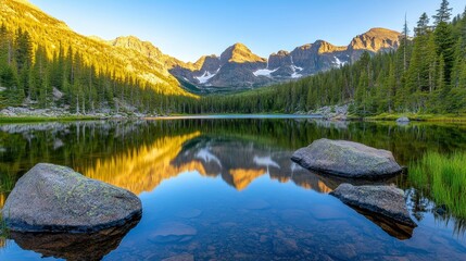 Reflective Mountain Lake Scene Featuring Rocks Trees and Clear Blue Sky