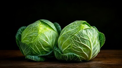 Fototapeta premium Fresh Green Cabbage Heads on a Wooden Surface with Dark Background