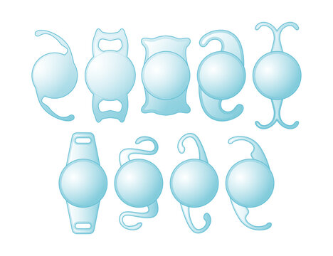 Different types of intraocular lens (IOL) set collection, artificial lens, Cataract surgery, restore your vision. Corrective eyewear. Intraocular Lens Dislocation, isolated on white background.