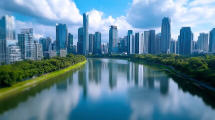 Fototapeta premium Scenic Cityscape with Modern Architecture Trees and Serene River Reflection Under Cloudy Blue Sky