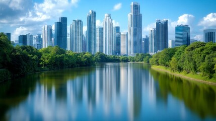 Scenic Cityscape Reflecting on Calm River Surrounded by Lush Green Trees