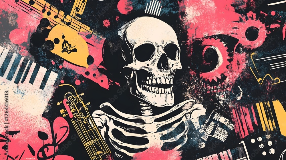 Poster skull and musical instruments grunge art splash abstract background