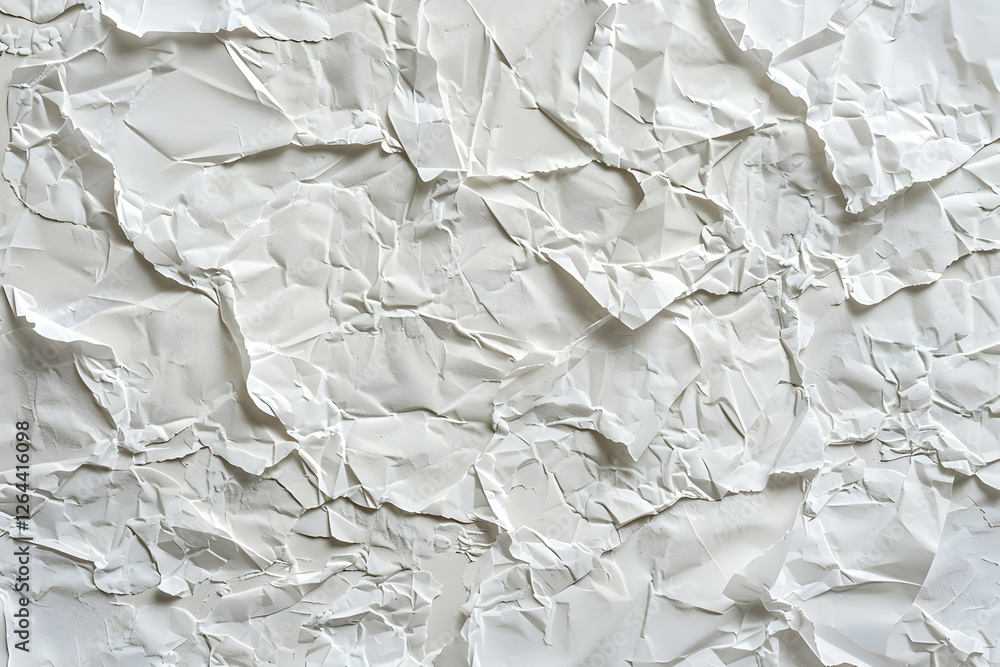 Poster crumpled white paper texture creating a dynamic background for design, emphasizing depth and contras