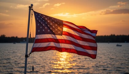 American Flag Waves at Sunset Over Calm Water, Patriotic Scene