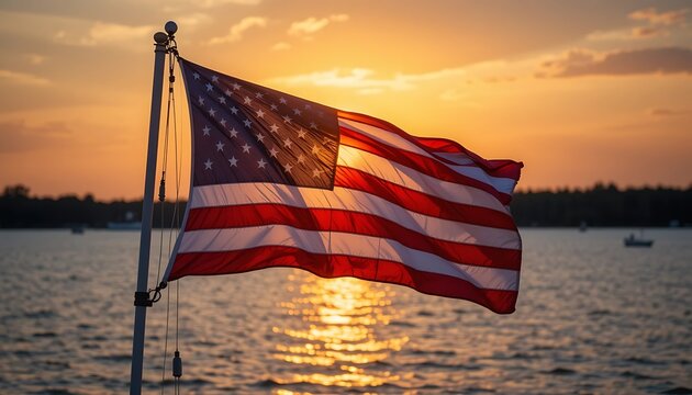 American Flag Waves at Sunset Over Calm Water, Patriotic Scene