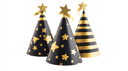 Party hats with gold and black stripes, dots and stars for birthday celebration. Vector realistic set of funny cone head caps with golden ribbons for holidays and festive isolated on white background