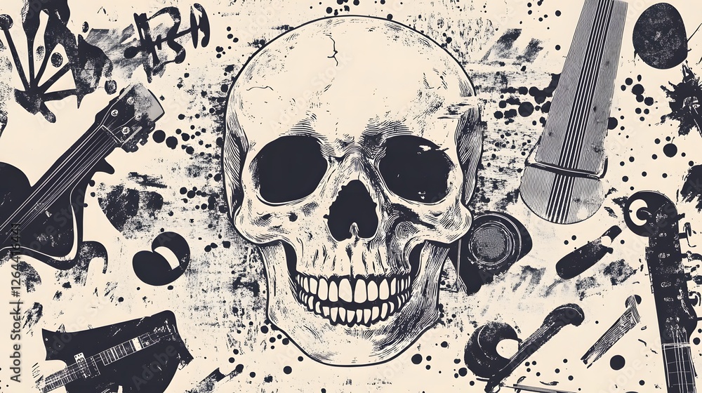 Poster Skull and Musical Instruments in Grungy Abstract Composition with Messy Paint Splatters and Distressed Textures