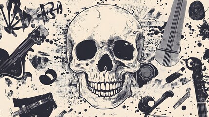 Skull and Musical Instruments in Grungy Abstract Composition with Messy Paint Splatters and Distressed Textures