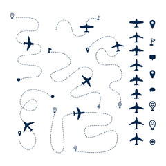 Set of airplane route icon collection,  Plane paths. Aircraft tracking, planes, travel, map pins, location pins, Plane route line. Planes dotted flight pathway with various airplane and location icons