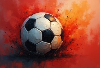 Fototapeta premium Artistic soccer ball with paint splatter on red-orange background