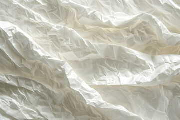 Fototapeta premium Crumpled white paper texture showcasing intricate folds and shadows, ideal for backgrounds or designs (1)