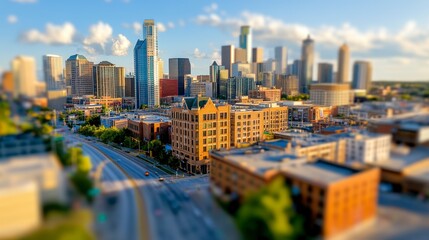 Fototapeta premium Tilt Shift Aerial View of a Vibrant Cityscape with Modern Skyscrapers and Infrastructure