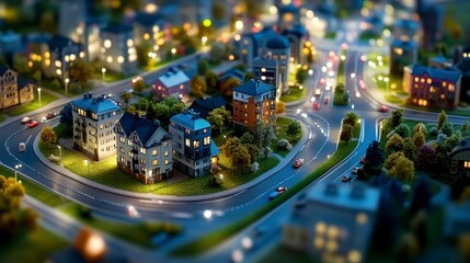 Obraz premium Tilt Shift Miniature Cityscape at Night with Illuminated Buildings and Traffic