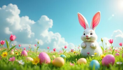 Whimsical Easter bunny ears amidst colorful meadow flowers and eggs, bunny, fantasy, flowers