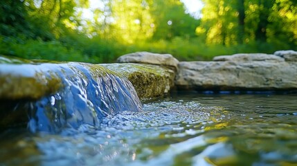 Fototapeta premium Tranquil Waterfall Flowing Over Mossy Rocks in Lush Green Forest on a Sunny Day