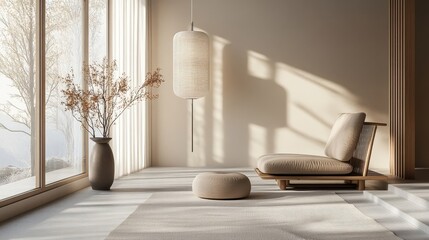 Muted interior scene showcasing minimalist furniture and natural light