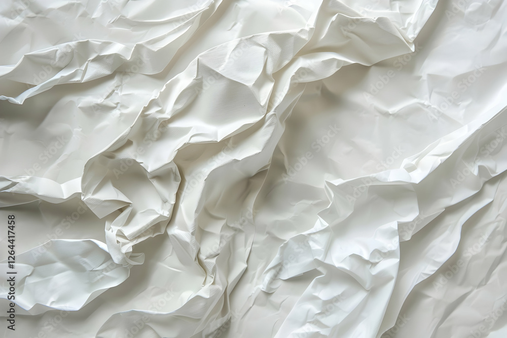 Poster crumpled white paper texture showcasing intricate folds and shadows for design use