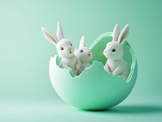 Obraz premium Cartoon-design cracked Easter egg with bunnies inside, high-detail blue.