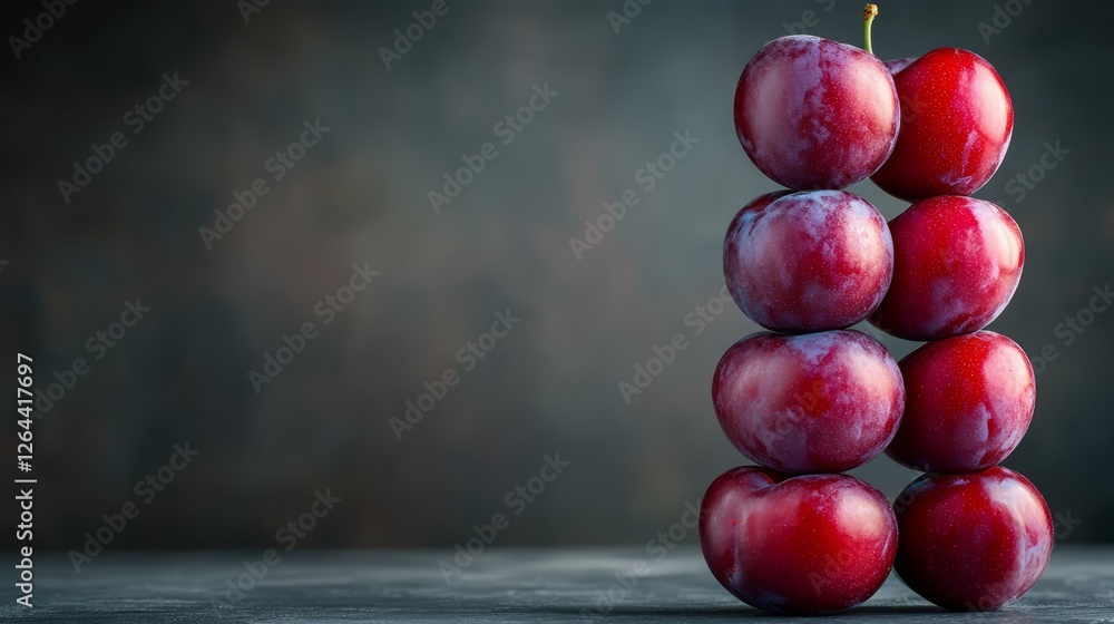 Poster fresh red plums stacked in an artistic display on a dark background