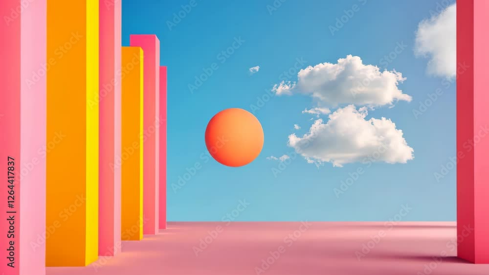 Poster surreal 3d scene featuring floating sphere in abstract architectural setting with clouds and vibrant
