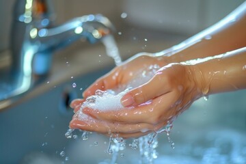 Fototapeta premium Washing hands in the sink splashing bathroom cleaning.