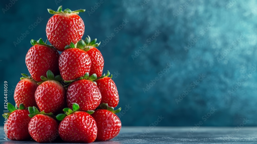 Poster fresh red strawberries stacked in a pyramid on a dark blue background with smooth texture