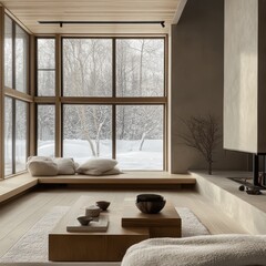 Minimalist interior with large window overlooking a snow covered landscape