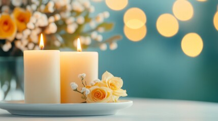 Elegant candles with flowers and festive bokeh lights in a serene, romantic setting in warm tones