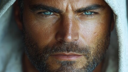 Intense closeup portrait of a handsome man with blue eyes and a hooded towel, captivating expression
